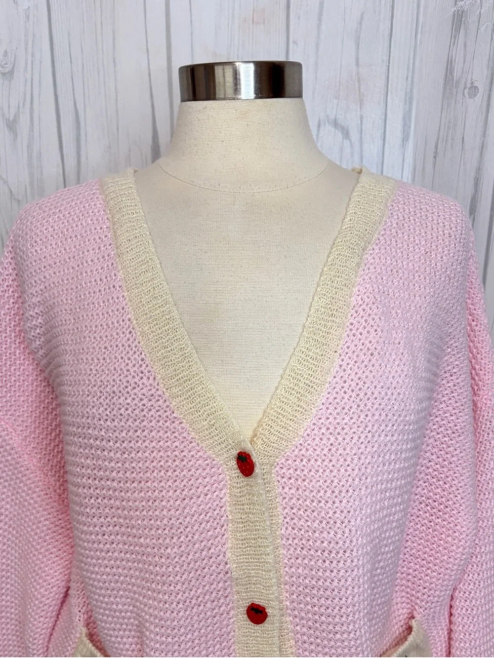 ROMWE Kawaii Strawberry Pattern Bishop Sleeve Sweater Cardigan, Large - Picture 3 of 12
